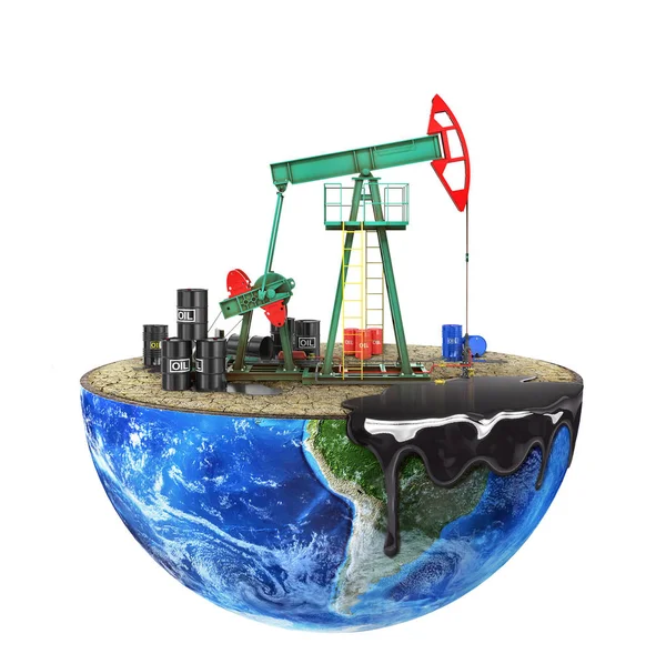 Эко-концепция. Нефтяной насос на разрезанной планете, изолированный на белом бэкгре — стоковое фото