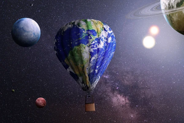 Έννοια του ταξιδιού. Αερόστατο που καλύπτονται στην υφή του πλανήτη σε ένα χώρο — Φωτογραφία Αρχείου