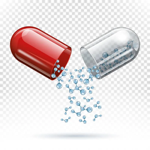 Pílula cápsula e moléculas como conceito médico — Vetor de Stock
