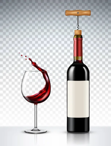 Bouteille de vin rouge et verre sur fond transparent — Image vectorielle