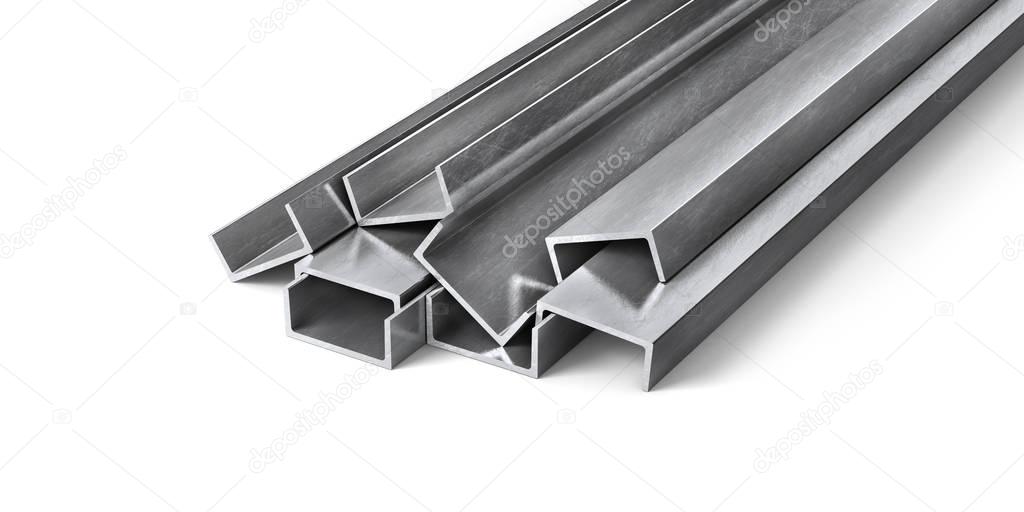 Rolled metal products. Steel profiles and tubes. 3d illustration