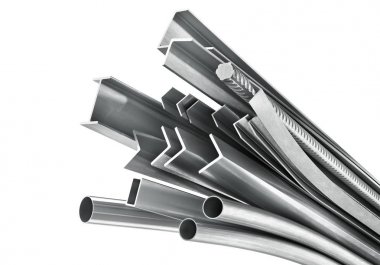Farklı metal ürünler. Metal profiller ve tüpler. 3D çizim