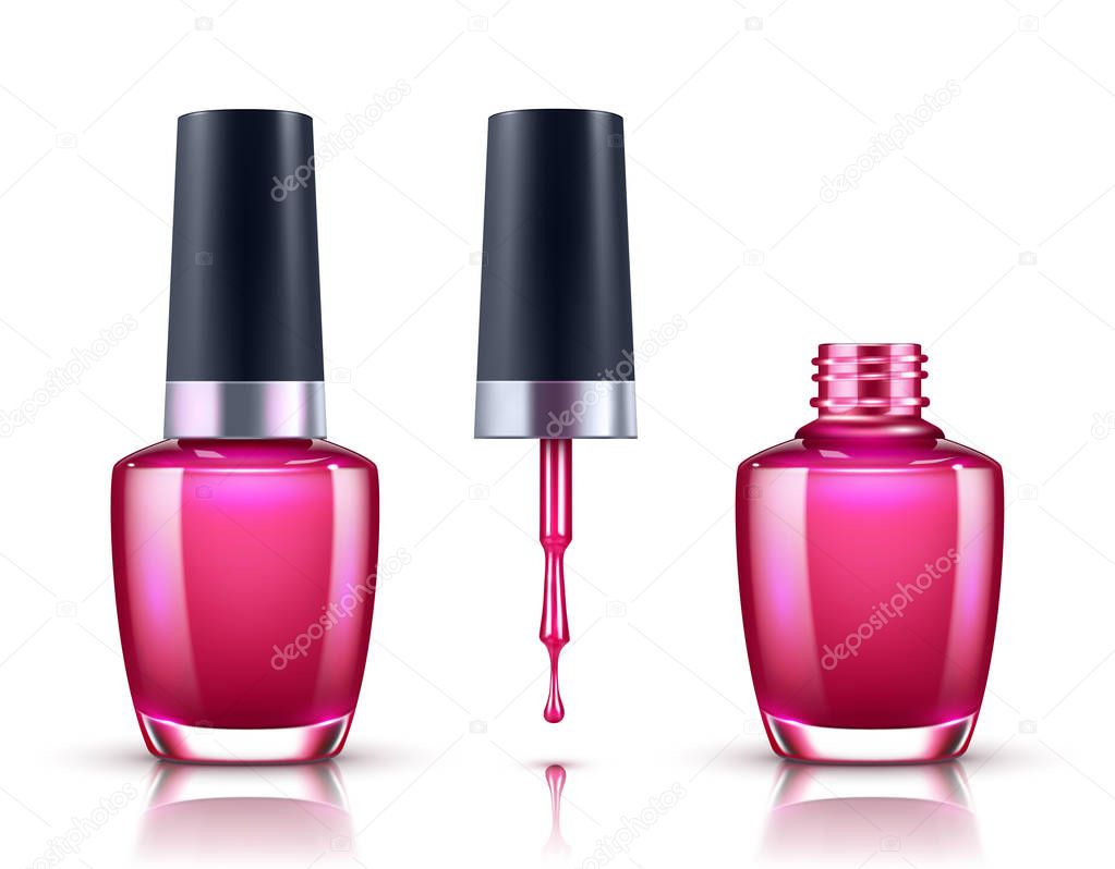 Nail Polish. Open, Closed Bottle and Drop with Brush