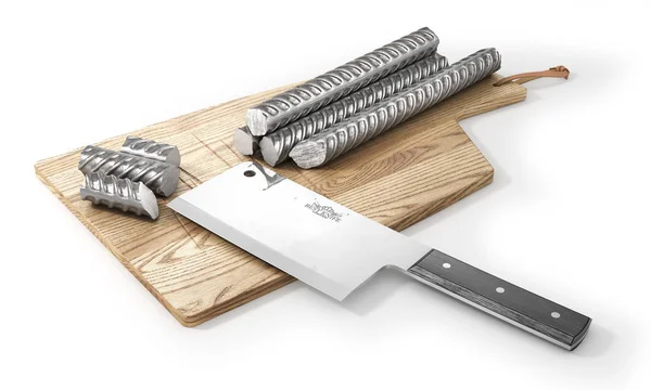 Έννοια της κοπής του μετάλλου και κοφτερό μαχαίρι. Κρέας μαχαίρι κοπής μετάλλων οπλισμός. 3D απεικόνιση — Φωτογραφία Αρχείου