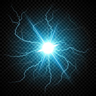 Mavi Yıldırım karanlık bir şeffaf arka plan üzerinde elektrik parıltısı. Vektör daire yıldırım