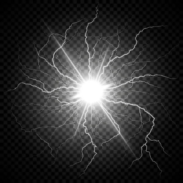 Elektrische flitser van de bliksem op een donkere transparante achtergrond. Vector cirkel bliksem — Stockvector