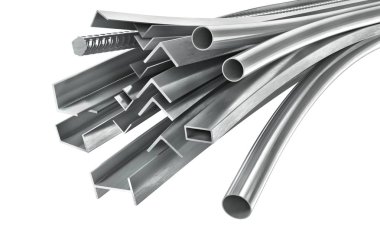Farklı metal ürünler. Metal profiller ve tüpler. 3D çizim