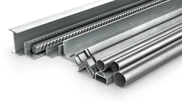 Prodotti metallici diversi. Profili e tubi metallici. Illustrazione 3d — Foto Stock