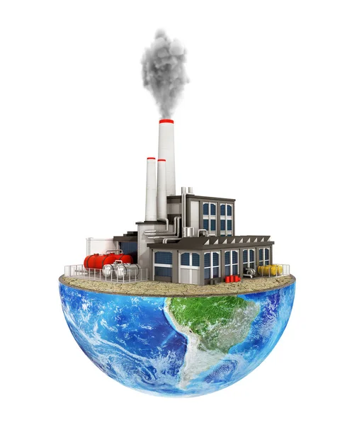 Eco-concept. Grote fabriek op de helft van de planeet op een witte backgr — Stockfoto