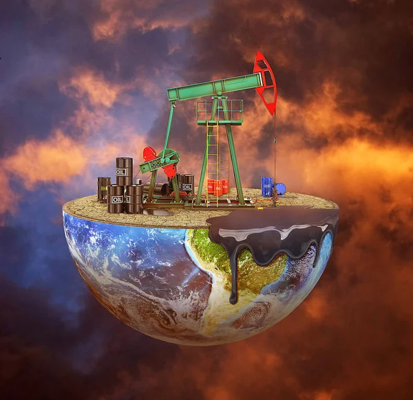 Eco-concept. Oliepomp op een cut planeet op humeurig achtergrond. De c — Stockfoto