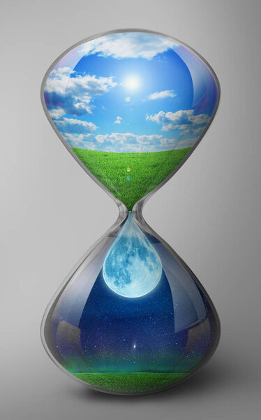 Concept of time. The hourglass depicts the change of day and nig