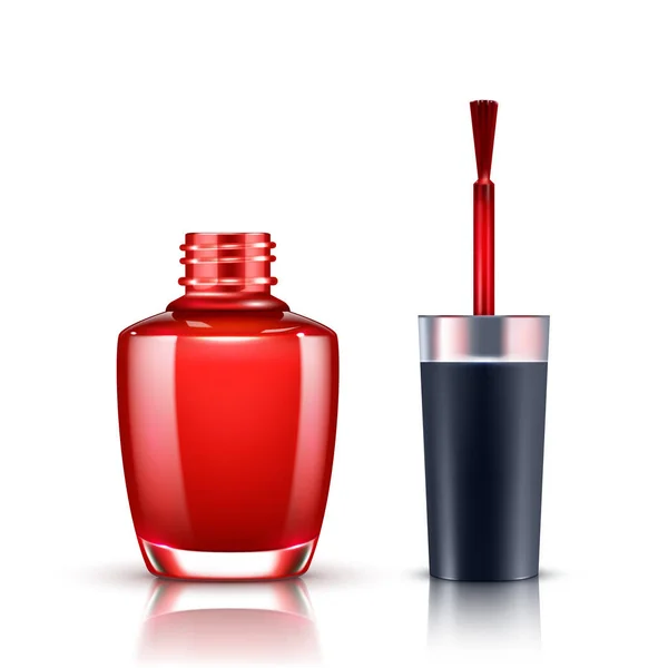 Red nail polish bottle with brush isolated on white — Stock Vector