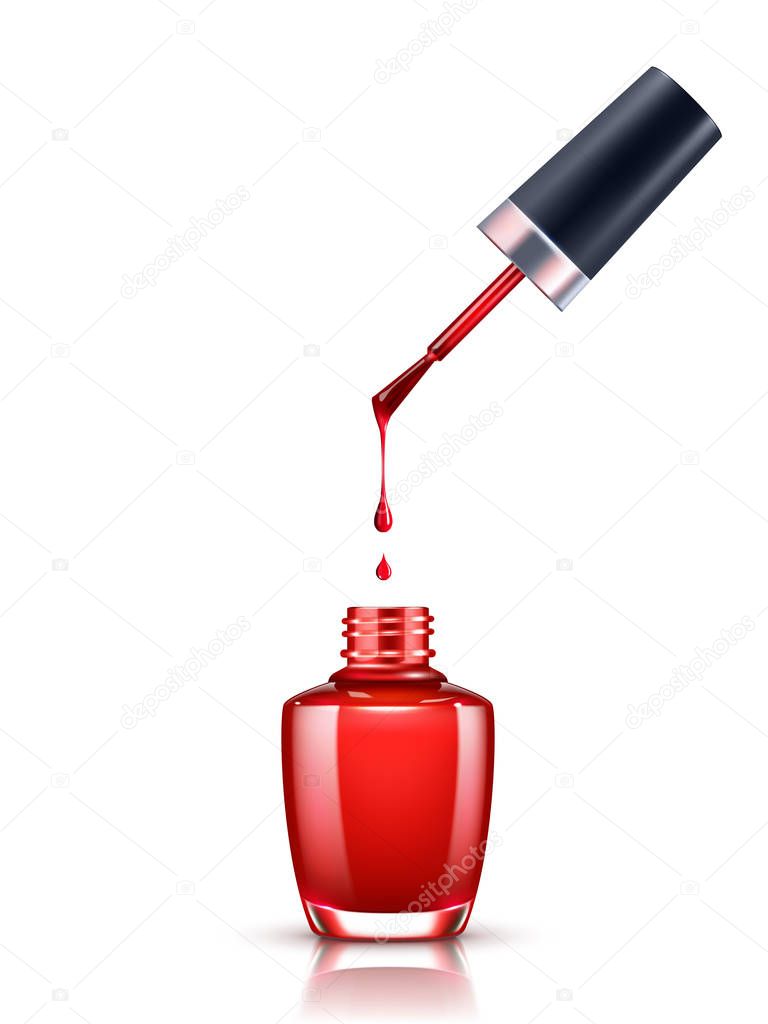 Nail polish dripping from brush into bottle on white background