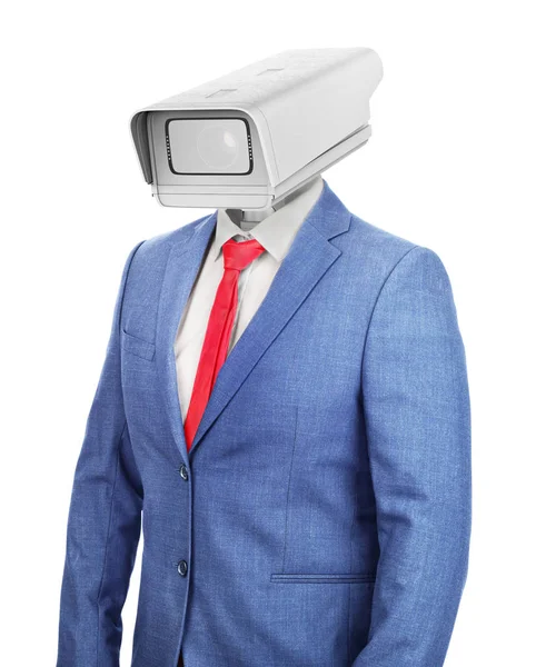 A hollow costume with a head in shape of surveillance camera on — Stock Photo, Image