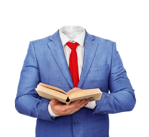 Man in suit holding a opened book on a white background — Stock Photo, Image