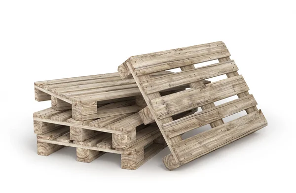 Stapel alter Holzpaletten isoliert auf einem weißen. 3D-Illustration — Stockfoto