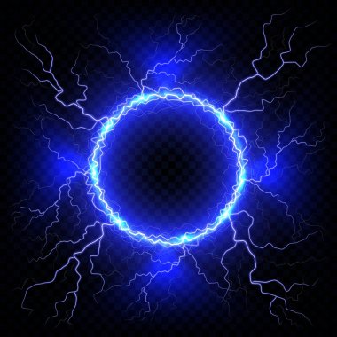 Yıldırım karanlık bir şeffaf arka plan üzerinde elektrik parıltısı. Vektör daire yıldırım