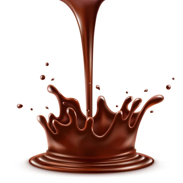Salpicos de chocolate quente com derramamento, isolado no fundo branco — Vetor de Stock