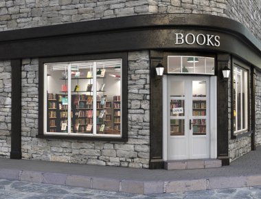Kitap mağazası dış cephe, 3d çizim