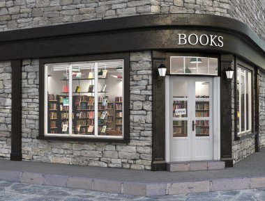 Kitap mağazası dış cephe, 3d çizim