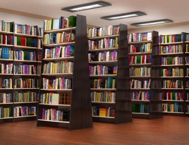 Bookshelf kitap mağaza. 3D çizim