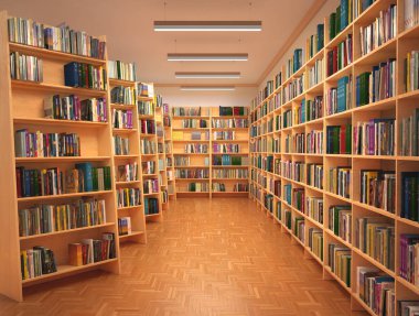 Bookshelf kitap mağaza. 3D çizim