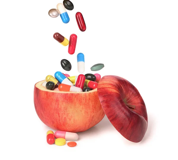 Vallende Geneesmiddelen Apple Fruit Vol Kleurrijke Geneesmiddelen — Stockfoto