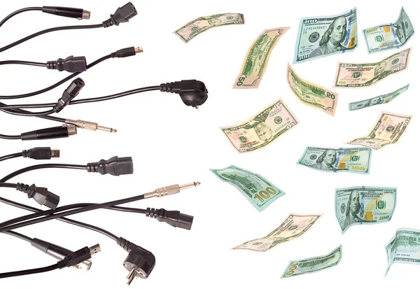 Electric plugs and wires with money flying away. Energy saving a — Stock Photo, Image