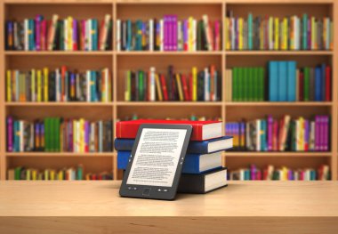 Kitap okuyucu üzerinde arka plan bulanık; 3D çizim