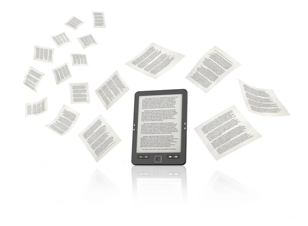 Book reader with flying pages, 3d illustration — Stock Photo, Image