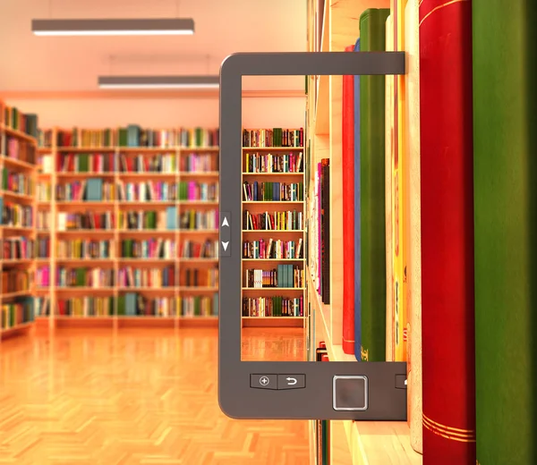 Book store and e-book on the table, 3d illustration — Stock Photo, Image