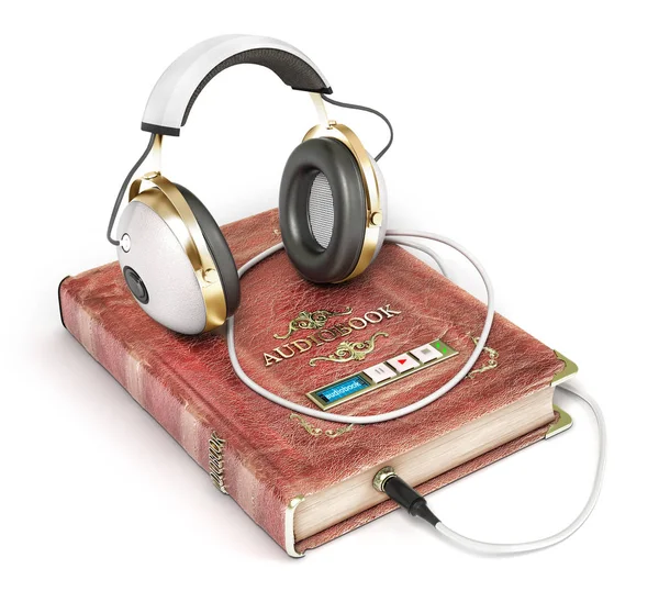 Conceito de audiolivro. Livro com fones de ouvido isolados em um branco. ilustração 3d — Fotografia de Stock