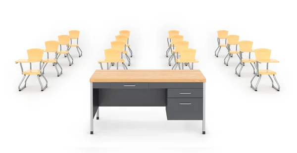 Scrivania e sedie scolastiche su sfondo bianco, illustrazione 3D — Foto Stock