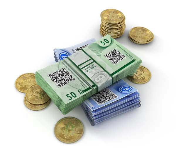 Montón de billetes de bitcoin aislados sobre un fondo blanco. Concepto minero. ilustración 3d — Foto de Stock