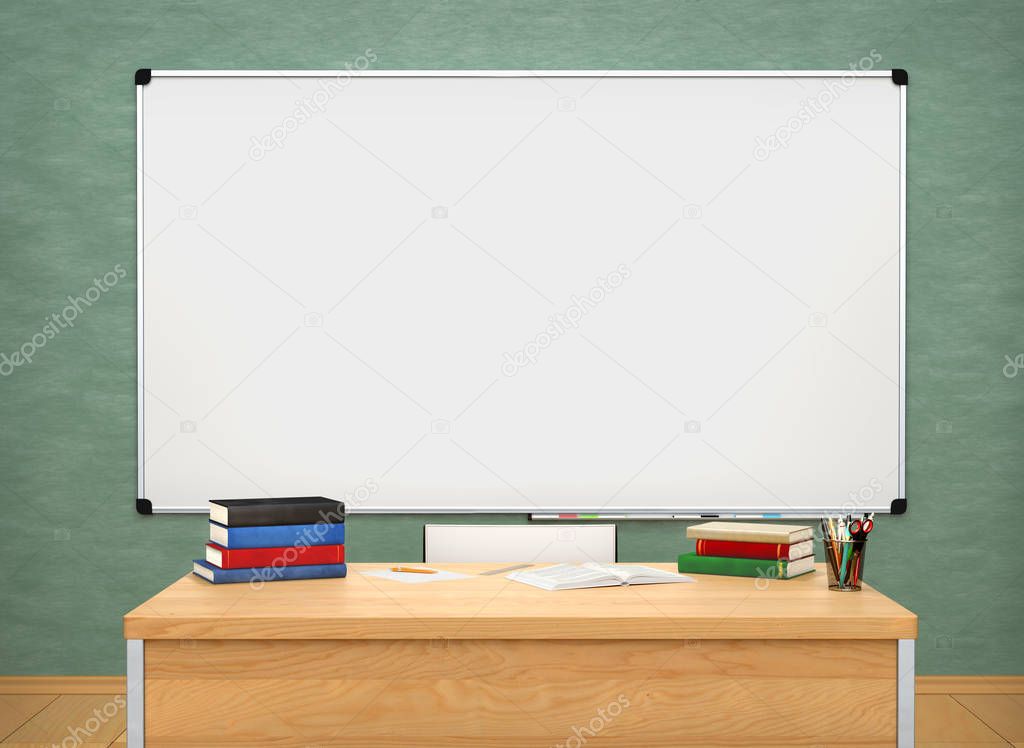 School desk and classboard. 3d illustration