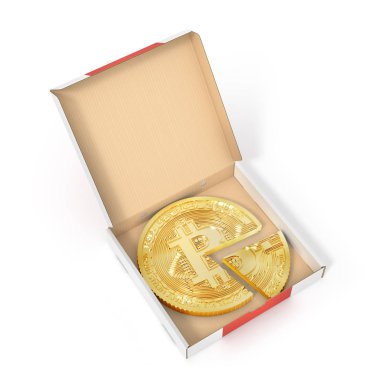 Kavramı paylaşımı. Bitcoin karton paket üzerinde pizza gibi. 3D çizim