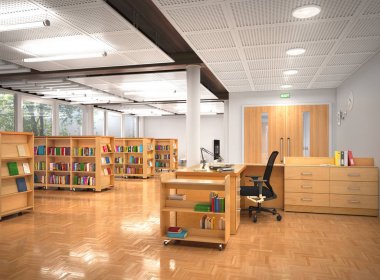 Kitap mağaza iç. 3D çizim