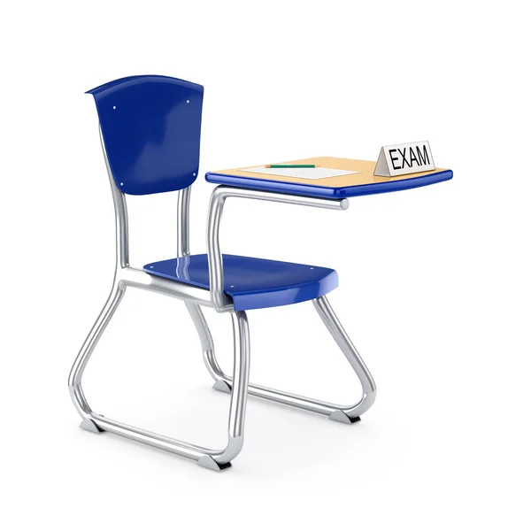 Sinal de mesa isolado e cadeira de escola no fundo branco. 3d — Fotografia de Stock