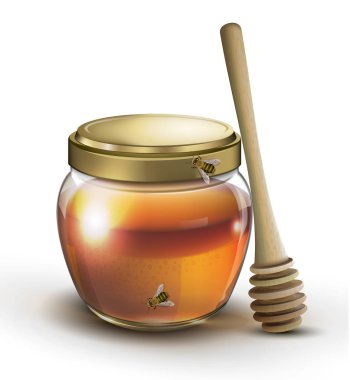 Honey jar and honey stick on a white background clipart