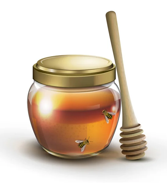 Jar of honey and bees on white backgroun — Stock Vector