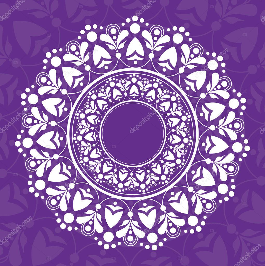 Mandala card in purple colors for backgrounds, invitations, birthday cards, wallpapers and etc.