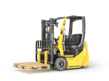 Boş palet üzerinde beyaz bir arka plan ile modern forklift. 3D çizim