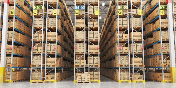 Modern warehouse full of cardboard boxes. 3d illustration