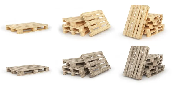 Set van stapel hout pallets geïsoleerd op een witte. 3D illustratie — Stockfoto