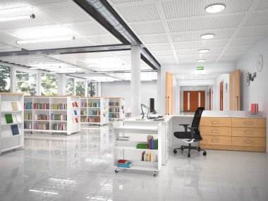 Kitap mağaza iç. 3D çizim