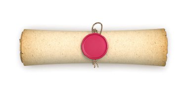  Kağıt rulo bükülmüş ve üzerinde beyaz izole bir mühür ile imzalandı. 3D çizimler