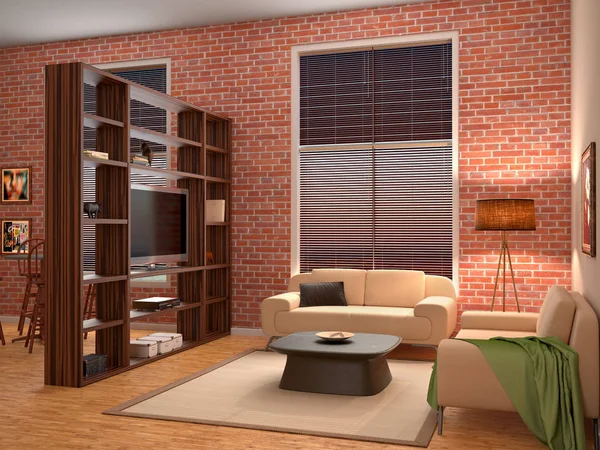 Interiér obývacího pokoje v podkroví stylu. 3D obrázek — Stock fotografie