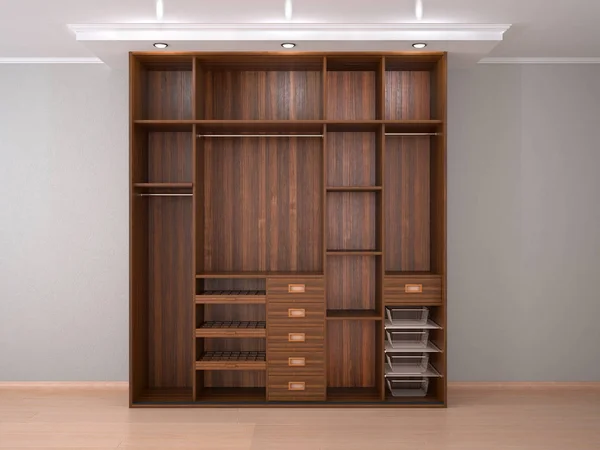 Деревянный открытый шкаф в интерьере. 3d иллюстрация — стоковое фото