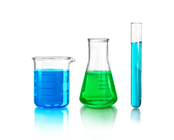 Laboratory glassware with multi-colored liquid inside isolated on a white background — Stock Photo, Image