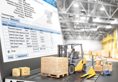 Lojistik kavramı. Dizüstü bilgisayar klavyesindeki karton kutular ile forklift. 3D çizim